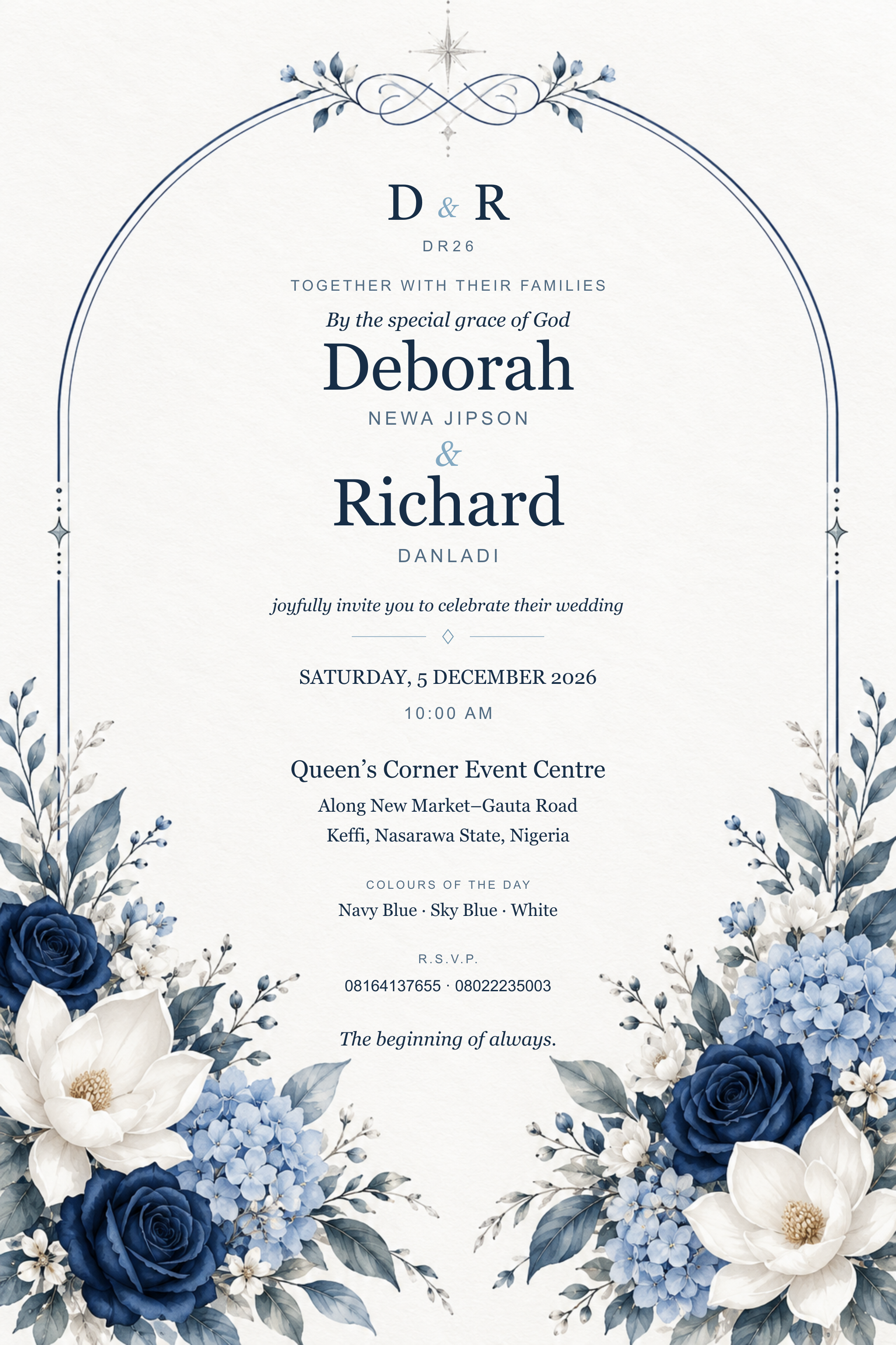 DR26 wedding invitation with the D&R monogram and navy and sky-blue florals. The beginning of always. Saturday, 5 December 2026.